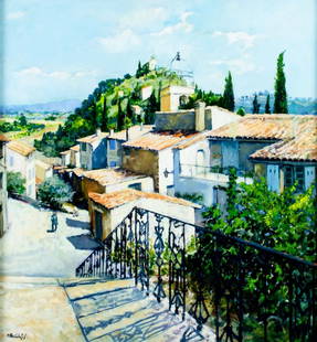 John Hinchcliffe (UK,1949-2010) oil painting: ARTIST: John Hinchcliffe (British, 1949 - 2010) TITLE: View of Bras, Provence MEDIUM: oil on canvas CONDITION: Very good. No visible inpaint under UV light. AR