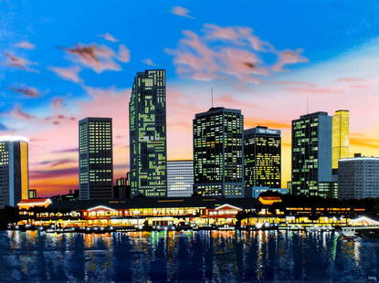 Ilkin Deniz (Turkey,FL,b 1961) acrylic painting: ARTIST: Ilkin Deniz (Turkish, Florida, born 1961) TITLE: Sunset Cityscape - Bayside, Miami, FL MEDIUM: acrylic on canvas CONDITION: Overall good. No visible inpaint under UV light. ART SIZE: 30 x 40