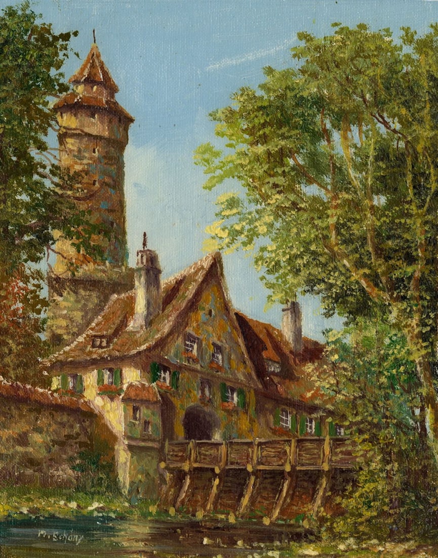 M Schony (German,1913-?) oil painting: ARTIST: M Schony (Germany, 1913 - ???) TITLE: European Cityscape MEDIUM: oil on canvas CONDITION: Unstretched (In-House stretching available). Overall good. No visible inp