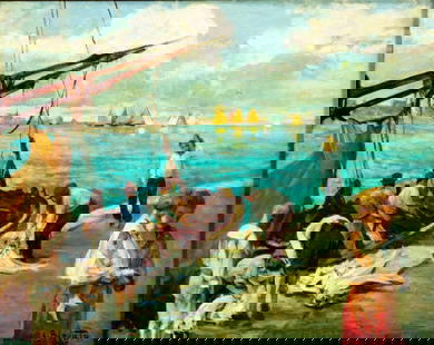A Bazzato (Italy,early 20C) oil painting antique: ARTIST: A Bazzato (Italian, early 20 century) TITLE: Italian Harbor Scene MEDIUM: oil on board CONDITION: Few minor paint losses. Some inpaintings along edges. Normal wear t