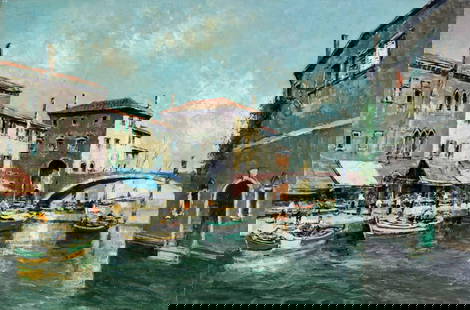 Otto Hellmeier (German,1908-1996) oil painting: ARTIST: Otto Hellmeier (Germany, 1908 - 1996) NAME: Cityscape - Boats in Venice MEDIUM: oil on canvas CONDITION: Very good. Restretched. No visible inpaint under UV light. SIGHT SIZE: 24