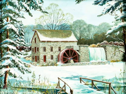 Myrtle Reiter Waldspurger (PA,20C) oil painting: ARTIST: Myrtle Reiter Waldspurger (Pennsylvania, 20 century) TITLE: Mill at S Sudbury, Massachusetts MEDIUM: oil on canvas board CONDITION: Overall good. No visible inpaint under UV light. Wear to