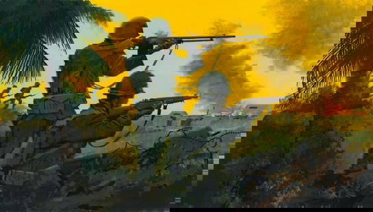 Dean Ellis (NY,1920-2009) gouache painting: ARTIST: Dean Ellis (New York, 1920 - 2009) TITLE: History of the Marshall Islands - American Invasion in WWII, 1944 (titled on verso) YEAR: 1995 MEDIUM: gouache on board