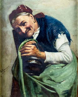 Salvatore Maresca (Italy,19/20C) oil painting antique: ARTIST: Salvatore Maresca (Italian,19/20 centuries) TITLE: Portrait of an Old Woman MEDIUM: oil on canvas. Canvas applied to board. CONDITION: Minor paint losses. Very minor craquelure. No visible