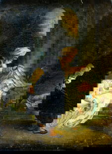 Antique 19C French oil painting: ARTIST: - (France, 19 century) TITLE: Sultan Discovering Adultery MEDIUM: oil on canvas CONDITION: Relined. Some small scratches/paint losses. Some craquelure. Some scatte