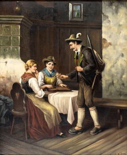 J Arlet (Europe,early 20C) oil painting antique: ARTIST: J Arlet (European, early 20 century) TITLE: Tavern Scene MEDIUM: oil on canvas. Canvas applied to board. CONDITION: Few minor paint losses mostly along edges. No vis