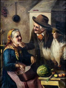 Virgilio Bianchini (Italy,19/20C) oil painting antique: ARTIST: Virgilio Bianchini (Italian, 19/20 centuries) TITLE: Il Cuore non Invecchia (titled on verso) MEDIUM: oil on canvas CONDITION: Two patches. Minor paint losses. Some craquelure. Some scattered