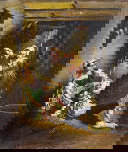 Antique early 20C European oil painting: ARTIST: - (Europe, early 20 century) TITLE: Refreshing MEDIUM: oil on canvas CONDITION: One patch repaired tear with corresponding paint losses. Very minor craquelure. No