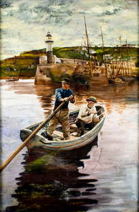 Antique 19C British oil painting: ARTIST: - (United Kingdom, 19 century) TITLE: Harbor Scene with Fishermen MEDIUM: oil on canvas CONDITION: Relined. Few very minor paint losses. Some scattered inpainting