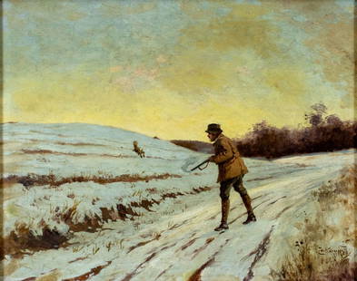 Antique early 20C German oil painting signed: ARTIST: - (Germany, early 20 century) TITLE: Sunset Hunting Scene MEDIUM: oil on canvas CONDITION: One small patch. Few repaired punctures. No visible inpaint under UV lig