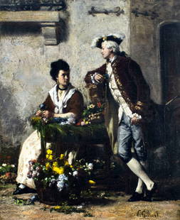 Victor Gilbert (France,1847-1933) oil painting antique: ARTIST: Victor Gabriel Gilbert (French, 1847 - 1933) TITLE: Courting Couple MEDIUM: oil on canvas CONDITION: Some stable craquelure. Few small inpaitings by the lower edge
