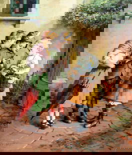 L V Strauss (German,20C) oil painting: ARTIST: L V Strauss (Germany, 20 century) TITLE: Children with Clock MEDIUM: oil on canvas CONDITION: Unstretched (In-House stretching available). Minor paint losses. Some craquelure. No visible