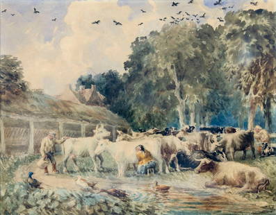 Antique 19C European oil painting signed: ARTIST: - (Europe, 19 century) TITLE: Farm Scene MEDIUM: watercolor on paper CONDITION: Some age toning. Framed under glass. Small damages to frame. ART SIZE: 12 x 16 inches / 30 x 40 cm FRAME