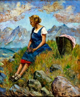 Alfred Pirkhert (Yugoslavia,Austria,1887-1971) oil painting: ARTIST: Alfred Von Pirkhert (Yugoslavian, Austrian, 1887 - 1971) TITLE: Woman with Flowers YEAR: 1950s MEDIUM: oil on board CONDITION: Overall good. No
