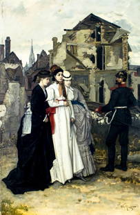 Francois Du Mont (Belgium,1850-1920) oil painting antique: ARTIST: Francois Du Mont (Belgian, circa 1850 - 1920) TITLE: Soldier and Three Ladies MEDIUM: oil on board CONDITION: Few minor paint losses. Some small scattered inpainti