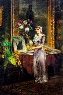Antique 19C European oil painting: ARTIST: - (Europe, 19 century) TITLE: Woman with Flowers MEDIUM: oil on canvas CONDITION: Relined. Few scratches/paint losses. Some craquelure. Some scattered inpaintings.
