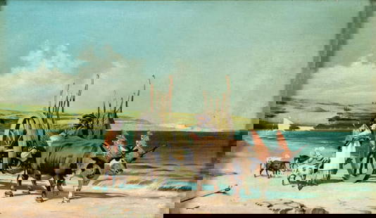 Antique early 20C American oil painting: ARTIST: - (American, early 20 century) TITLE: Coastal Scene with Ox Cart MEDIUM: oil on canvas CONDITION: One patch-repaired puncture with corresponding paint loss. Few very minor scratches/paint