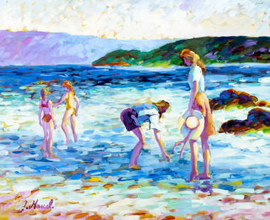 Lisandro Baylon (Argentina,US,1951-?) oil painting: ARTIST: Lisandro Lopez Baylon (Argentinian, American, 1951 - ???) TITLE: Beach Scene MEDIUM: oil on canvas CONDITION: Unstretched (In-House stretching available). Very goo