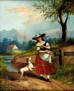 A Smith (UK,19C) oil painting antique: ARTIST: A Smith (British, 19 century) TITLE: Woman with Goat YEAR: 1870 MEDIUM: oil on canvas CONDITION: Relined. Few small scratches/paint losses mostly