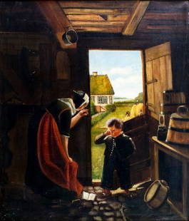 Antique 19C Danish oil painting: ARTIST: - (Denmark, 19 century) TITLE: Mother and Son MEDIUM: oil on canvas CONDITION: Minor paint losses. Some craquelure. Some scattered small inpaitings. Some small damages to frame. ART SIZE: