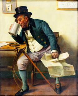 Rinaldi (Italy,19C) oil painting antique: ARTIST: Rinaldi (Italian, 19 century) TITLE: Man with Mug and Newspaper MEDIUM: oil on canvas CONDITION: Few minor paint losses. Minor craquelure. Some scattered inpaintings