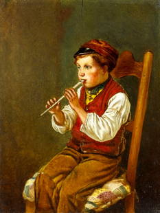 Antique early 20C English oil painting AFTER John Haynes: ARTIST: - (UK,early 20C) AFTER John William Haynes (United Kingdom, 1836 - 1908) TITLE: The Penny Whistle MEDIUM: oil on board CONDITION: One small crack to the upper ed