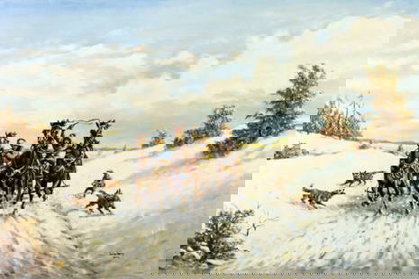 W Wallern (Austria,20C) oil painting: ARTIST: W Wallern (Austrian, 20 century) TITLE: Winter Landscape with Horse Carriage MEDIUM: oil on canvas CONDITION: Unstretched (In-House stretching available). Some paint