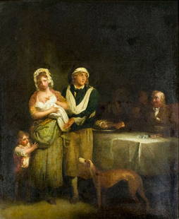 Antique 19C European oil painting: ARTIST: - (Europe, 19 century) NAME: Interior Scene YEAR: 19 century MEDIUM: oil on canvas CONDITION: Relined. Some craquelure. Some scattered inpaintings mostly along edges. SIGHT SIZE: 30 x 25