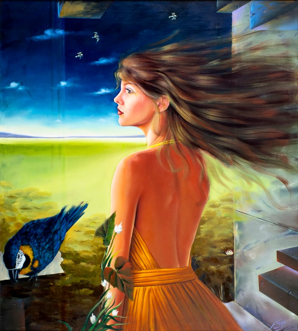 Ferjo (PA,Brazil,b 1946) oil painting: ARTIST: Ferjo Fernando de Jesus Oliveira (Pennsylvania, Brazilian, born 1946) TITLE: Woman with Parrot MEDIUM: oil on canvas CONDITION: Few minor scratches/paint losses. Som