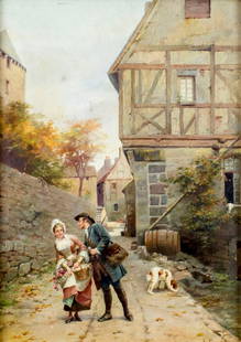 L Picardet (France,19C) oil painting antique: ARTIST: L Picardet (French, 19 century) TITLE: Courting Couple MEDIUM: oil on board CONDITION: Few minor paint losses. Minor craquelure. No visible inpaint under UV light.