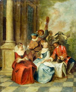 AFTER Jean Baptiste Pater (France,1695-1736) oil painting antique: ARTIST: AFTER Jean Baptiste Pater (French, 1695 - 1736) TITLE: Noble Gathering MEDIUM: oil on metal CONDITION: Few paint losses. Few faint scratches. Few minor inpaintings
