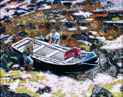 Donald Curran (MO,b 1955) oil painting: ARTIST: Donald Curran (Missouri, born 1955) TITLE: Carrying the Curragh, Aran Islands, Ireland YEAR: 2006 MEDIUM: oil on canvas board CONDITION: Very goo