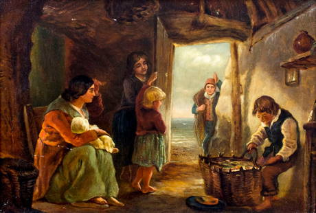 Charles Hunt (UK,19C) oil painting antique: ARTIST: Charles Hunt (British, 19 century) NAME: Interior Scene MEDIUM: oil on canvas CONDITION: Missing a few flakes of paint. Minor craquelure. Three very small inpaintings/touch ups. S