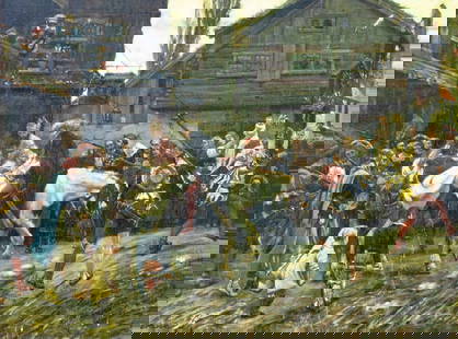 Pellegrino (Europe,19C) oil painting antique: ARTIST: Pellegrino (European, 19 century) TITLE: Street Scene MEDIUM: oil on canvas CONDITION: Relined. Some repaired tears. Few small patches. Some paint losses (see pictur