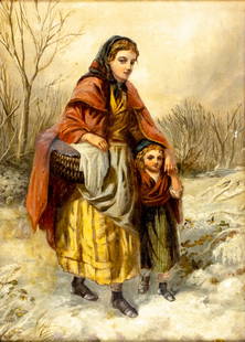 Antique 19C British oil painting: ARTIST: - (United Kingdom, 19 century) TITLE: Mother and Daughter MEDIUM: oil on canvas. Canvas applied to board. CONDITION: Some scratches/paint losses. Few scattered min