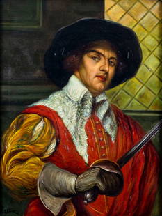 R Elink (Europe,mid 20C) oil painting: ARTIST: R Elink (European, mid 20 century) TITLE: Cavalier with Sword MEDIUM: oil on canvas CONDITION: Minor paint losses. One minor inpaiting. Some damages to frame.