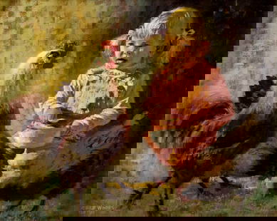 Robb Woods (US,20C) oil painting: ARTIST: Robb Woods (American, 20 century) TITLE: Evening Feed (titled on verso) YEAR: 1991 MEDIUM: oil on canvas. Canvas applied to board. CONDITION: Very good. No visible inpaint under UV light.