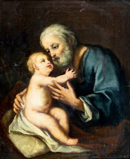 Antique 19C European oil painting: ARTIST: - (Europe, 19 century) TITLE: Saint Joseph with Christ Child MEDIUM: oil on canvas CONDITION: Relined. Some scratches/paint losses. Minor craquelure. Some scattered inpaitings. Some damages