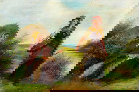 Furner (Europe,19C) oil painting antique: ARTIST: Furner (European, 19 century) NAME: Fortune Teller MEDIUM: oil on canvas CONDITION: Some nail holes along edges. Minor paint losses. Minor craquelure. Few small scattered inpainting