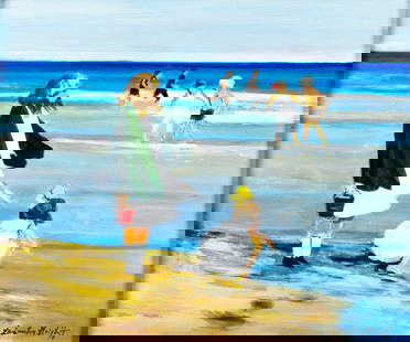 Dimiter Hristoff (Turkey,Bulgaria,1926-?) oil painting: ARTIST: Dimiter Hristoff (Turkish, Bulgarian, 1926 - ???) TITLE: Beach Scene MEDIUM: oil on canvas CONDITION: Few minor paint losses. Very minor craquelure. Few small inpain