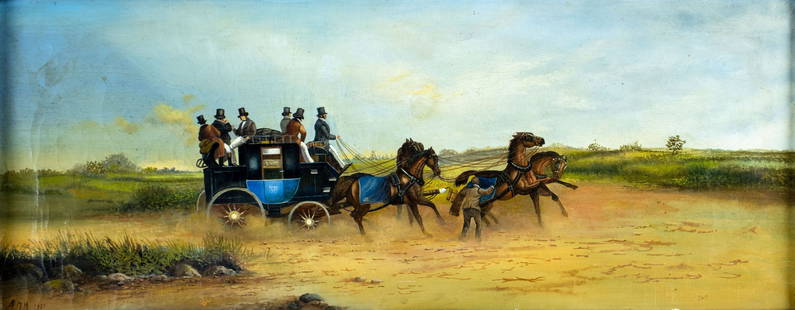 Antique early 20C British oil painting signed: ARTIST: - (United Kingdom, early 20 century) TITLE: Stagecoach MEDIUM: oil on canvas CONDITION: Some small scratches/paint losses mostly along the lower edge. Some craquel