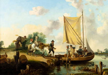 Antique 19C European oil painting: ARTIST: - (Europe, 19 century) TITLE: Village Scene with Riverboat MEDIUM: oil on canvas CONDITION: Relined. Minor paint losses. Some craquelure. Some scattered inpainting