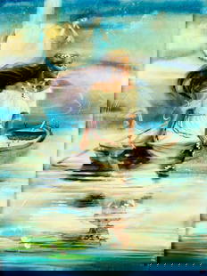 Larry Whittaker (NJ,NY,20C) oil painting: ARTIST: Larry Whittaker (New Jersey, New York, 20 century) TITLE: Woman in Boat MEDIUM: oil on canvas CONDITION: Very good. No visible inpaint under UV light. Wear to frame. ART SIZE: 40 x 30 inches