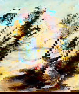 Viko (French,20C) oil painting: ARTIST: Viko (France, 20 century) NAME: Two Old Women MEDIUM: oil on canvas CONDITION: Unstretched (In-House stretching available). Missing a few flakes of paint. No visible inpaint under UV