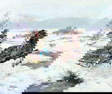 Podolak (Europe,20C) oil painting: ARTIST: Podolak (European, 20 century) TITLE: Winter Village Scene with Horse Carriage MEDIUM: oil on canvas CONDITION: Unstretched (In-House stretching available). Few small paint losses. Minor