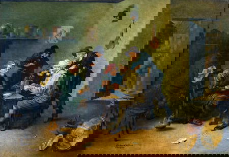 Richard Wilson (UK,19C) oil painting antique: ARTIST: Richard Wilson (United Kingdom, 19 century) TITLE: Card Players MEDIUM: oil on board CONDITION: One horizontal crack 5" long to left edge. Few surface cracks (bigge