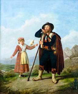 Bendelari (Italy,19C) oil painting antique: ARTIST: Bendelari (Italian, 19 century) TITLE: Shepherd And Shepherdess MEDIUM: oil on canvas CONDITION: Relined. Minor paint losses. Minor craquelure. Some scattered inpai