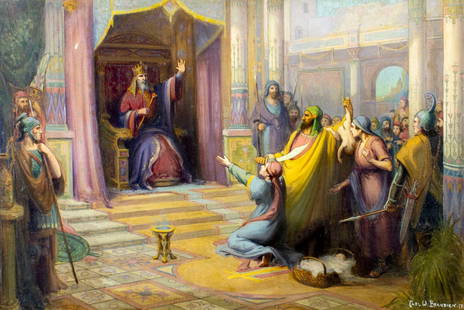 Carl Brandien (NY,1886-1965) oil painting antique: ARTIST: Carl William Brandien (New York, 1886 - 1965) TITLE: The Judgement Of Solomon YEAR: 1917 MEDIUM: oil on canvas CONDITION: One small patch. Few