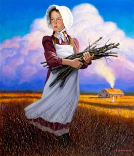 Michael Garland (NY,b 1952) oil painting: ARTIST: Michael Garland (New York, born 1952) TITLE: Little House on the Prairie (titled on verso) YEAR: 1993 MEDIUM: oil on board CONDITION: Very good. No visible inpaint under UV light. Some