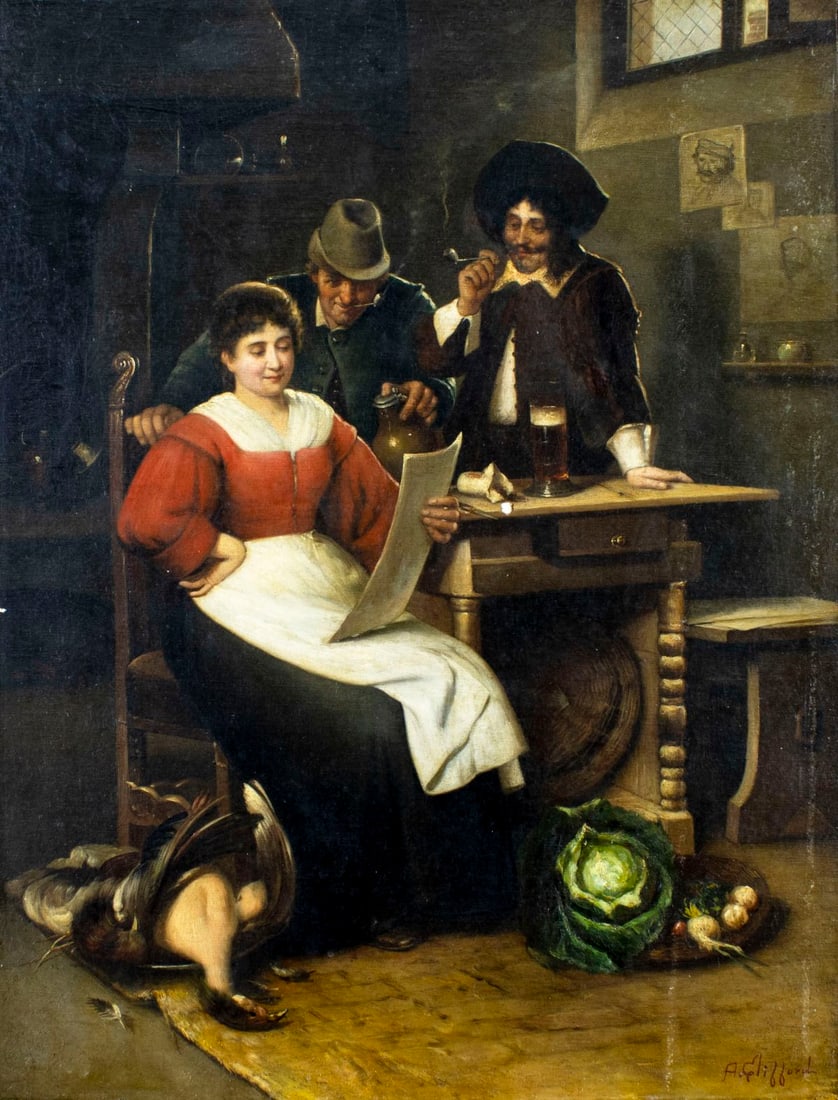 A Clifford (Europe,19C) oil painting antique: ARTIST: A Clifford (European, 19 century) TITLE: Reading Letter MEDIUM: oil on canvas CONDITION: Relined. One small patch. Few small paint losses. Minor craquelure. Some sca